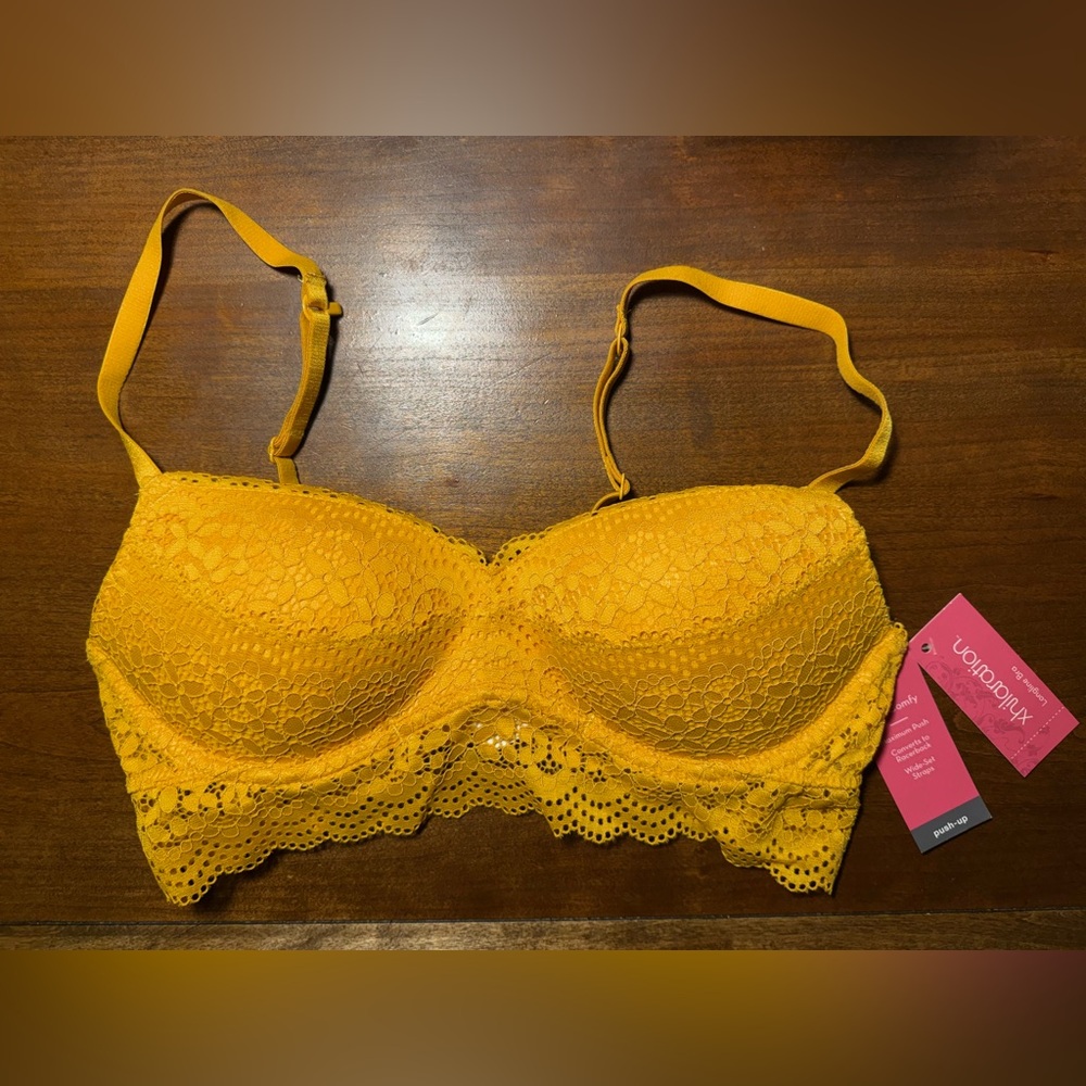 NEW Xhilaration Mustard Yellow Lace push up Bra converts to racerback, size 34A